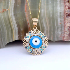“Evil Eye Bloom” Pendant – 14k Solid Gold
